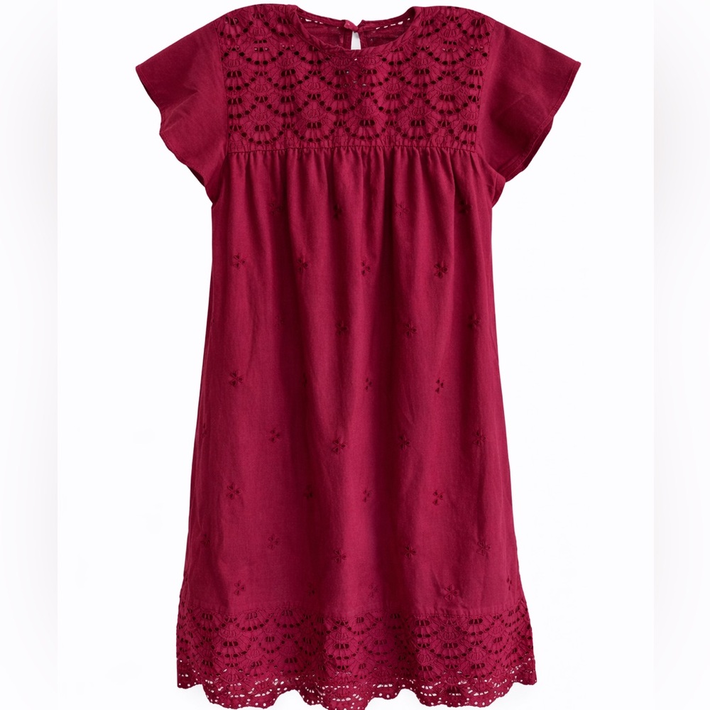 Wine Red Eyelet Mini Dress L Boho Scalloped Hem Embroidered Summer - Picture 1 of 7